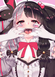 Rule 34 | 1girl, absurdres, black hair, blush, breasts, chinese commentary, cleavage, commentary request, gloves, highres, karin (a62826704), long hair, looking at viewer, mixed-language commentary, mouth pull, multicolored hair, nijisanji, open mouth, oral invitation, outline, red eyes, saliva, silver hair, solo, split-color hair, textless version, tongue, two-tone hair, uvula, virtual youtuber, white outline, yorumi rena, yorumi rena (1st costume)