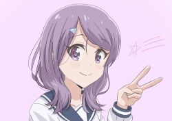 Rule 34 | 1girl, alternate hairstyle, blue sailor collar, blush, closed mouth, collarbone, dot nose, hair ornament, hairclip, koisuru asteroid, long hair, long sleeve shirt, long sleeves, looking at viewer, matching hair/eyes, purple background, purple eyes, purple hair, qb (qb46311027), sailor collar, school uniform, serafuku, shooting star, simple background, smile, solo, star (symbol), suzuya moe, upper body, v