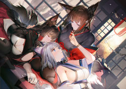 Rule 34 | 3girls, akagi (azur lane), amagi (azur lane), animal ear fluff, animal ears, azur lane, bare shoulders, black hair, black kimono, blue eyes, blunt bangs, blush, breasts, brown hair, chinese commentary, cleavage, closed eyes, commentary request, detached sleeves, dutch angle, fox ears, fox girl, fox tail, hair ornament, hair tubes, indoors, japanese clothes, kaga (azur lane), kaga (battleship) (azur lane), kimono, lap pillow, large breasts, liduke, long hair, long sleeves, multiple girls, multiple tails, official art, parted lips, purple eyes, short hair, sideboob, smile, tail, thick eyebrows, white hair, white kimono, wide sleeves