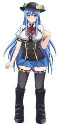 Rule 34 | 1girl, adapted costume, alternate breast size, alternate costume, bad id, bad twitter id, black thighhighs, blue hair, boots, bow, food, fruit, full body, hat, highres, hinanawi tenshi, long hair, looking at viewer, michihasu, peach, puffy sleeves, red eyes, shirt, short sleeves, simple background, skirt, solo, thighhighs, touhou, very long hair, white background, zettai ryouiki