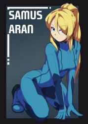 Rule 34 | 1girl, all fours, aqua bodysuit, black border, blonde hair, blue eyes, bodysuit, border, breasts, character name, closed mouth, euf-dreamer, expressionless, eyelashes, female focus, full body, grey background, hair between eyes, heel up, highres, large breasts, legs, long hair, looking at viewer, looking to the side, metroid, metroid: zero mission, neck, nintendo, parted bangs, ponytail, print bodysuit, samus aran, shiny skin, sidelocks, skin tight, thighs, tight clothes, v arms, zero suit