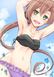 Rule 34 | 10s, 1girl, :d, akigumo (kancolle), armpits, arms behind head, arms up, ataru (cha2batake), bare shoulders, bikini, blush, breasts, brown hair, cloud, collarbone, day, dutch angle, fang, female focus, gradient background, green eyes, groin, hair between eyes, hair ornament, hair ribbon, happy, kantai collection, long hair, looking at viewer, mismatched bikini, mole, mole under eye, navel, neck, open mouth, ponytail, ribbon, sky, smile, solo, splashing, strapless, strapless bikini, swimsuit, tube top, water