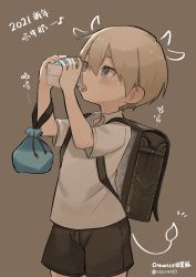 Rule 34 | 2021, absurdres, backpack, bag, black shorts, blonde hair, blue eyes, brown background, child, chinese zodiac, drinking, highres, milk carton, musical note, omurice (roza4957), original, shirt, short hair, shorts, simple background, twitter username, white shirt, year of the ox