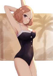 Rule 34 | 1girl, armpit crease, black one-piece swimsuit, breasts, brown eyes, brown hair, commentary request, highres, looking at viewer, medium breasts, official alternate costume, okumura haru, one-piece swimsuit, one eye closed, palm tree, persona, persona 5, persona 5 scramble: the phantom strikers, pppppknw, short hair, smile, solo, stretching, swimsuit, tree
