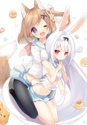 Rule 34 | 2girls, absurdly long hair, absurdres, animal ears, blue skirt, bow, bowtie, breasts, brown hair, commentary, cookie, crop top, cynthia riddle, dress shirt, extra ears, food, fox ears, fox tail, fruit, hair ornament, hair ribbon, highres, jumping, light smile, long hair, looking at viewer, medium breasts, midriff, multiple girls, navel, original, p19, pantyhose, pleated skirt, pretzel, purple eyes, rabbit ears, red eyes, ribbon, school uniform, serafuku, shirt, short sleeves, side ponytail, skirt, smile, steepled fingers, strawberry, sweets, swept bangs, symbol-only commentary, tail, v, very long hair, virtual youtuber, white background, white hair, white shirt, x hair ornament