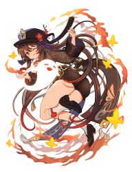 Rule 34 | 1girl, :d, ;), ;p, ass, bad id, bad pixiv id, bent over, black footwear, black nails, black shorts, bracelet, brown hair, chinese clothes, commentary request, fire, flower, from behind, genshin impact, ghost, hair between eyes, hat, hat flower, hat ornament, highres, hu tao (genshin impact), jewelry, kneehighs, long hair, long sleeves, looking at viewer, looking back, marekamico, nail polish, one eye closed, open mouth, red eyes, shoes, short shorts, shorts, sidelocks, simple background, smile, socks, symbol-shaped pupils, tongue, tongue out, twintails, twisted torso, white background, white socks