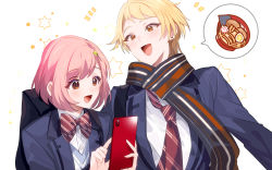 Rule 34 | 1boy, 1girl, :d, backpack, bag, blazer, blonde hair, blush, bob cut, bow, bowtie, cellphone, earrings, habataki academy school uniform, hair ornament, hairclip, happy, highres, holding, holding phone, honda iku, jacket, jewelry, long sleeves, necktie, open mouth, orange eyes, phone, pink hair, poking, protagonist (tokimemo gs4), red bow, red bowtie, red necktie, scarf, school uniform, shirt, short hair, simple background, smartphone, smile, spoken food, star (symbol), striped bow, striped bowtie, striped clothes, striped necktie, striped scarf, stud earrings, swept bangs, tenryou sena, tokimeki memorial, tokimeki memorial girl&#039;s side, tokimeki memorial girl&#039;s side 4th heart, touchscreen, upper body, white background, white shirt