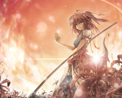 Rule 34 | 1girl, bad id, bad pixiv id, female focus, flower, hair bobbles, hair ornament, itsutsuki, onozuka komachi, red eyes, red hair, scythe, short hair, solo, spider lily, standing, sunlight, sunset, touhou, twintails, two side up