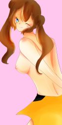 Rule 34 | 10s, 1girl, alternate color, ass, back, blue eyes, breasts, brown hair, creatures (company), double bun, female focus, game freak, green eyes, hair bun, heart, heart-shaped pupils, highres, legs, long hair, looking at viewer, looking back, miniskirt, nintendo, nipples, no bra, one eye closed, pokemon, pokemon bw2, rosa (pokemon), sad, skirt, solo, symbol-shaped pupils, tears, thighhighs, tongue, topless, twintails, wink