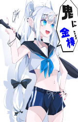 Rule 34 | 1girl, absurdres, baseball bat, black bow, blue eyes, blue eyeshadow, blue shorts, bow, eyeshadow, goma irasuto, grey hair, hair bow, hand on own hip, highres, holding, holding baseball bat, horns, jewelry, long hair, makeup, navel piercing, oni horns, open mouth, original, piercing, pinky out, ring, shorts, smile, solo, speech bubble, stomach, translation request, twintails, very long hair