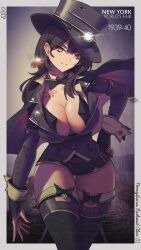Rule 34 | 1girl, absurdres, black hair, black jacket, black shorts, black thighhighs, bow, bowtie, breasts, cleavage, commission, cowboy shot, dated, earrings, english text, hand on own hip, hat, highres, huge breasts, jacket, jewelry, long hair, long sleeves, looking at viewer, original, personification, railroad tracks, short shorts, shorts, signature, sleeve cuffs, smile, solo, standing, thigh gap, thighhighs, top hat, train, yellow eyes, zhvo