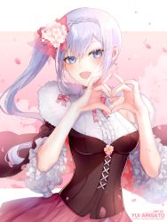 Rule 34 | 1girl, :d, arisato yui, artist name, bad id, bad pixiv id, blue eyes, blush, bow, bowtie, braid, bustier, character request, cherry blossoms, commission, crown braid, dress shirt, floating hair, flower, hair bow, hair flower, hair ornament, heart, heart hands, highres, long hair, looking at viewer, open mouth, pink bow, pink bowtie, pink skirt, pleated skirt, red bow, shirt, side ponytail, silver hair, skeb commission, skirt, smile, solo, standing, very long hair, virtual youtuber, white flower, white shirt