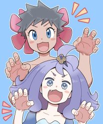 Rule 34 | 2girls, :d, acerola (pokemon), blue background, blush stickers, claw pose, collarbone, commentary, creatures (company), dress, eyelashes, fang, game freak, grey hair, hair ornament, hands up, highres, looking at viewer, medium hair, multiple girls, nintendo, nutkingcall, open mouth, outline, phoebe (pokemon), pokemon, pokemon rse, pokemon sm, purple hair, short hair, simple background, smile, spiked hair, tongue, v-shaped eyebrows