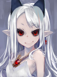 Rule 34 | 1girl, bare shoulders, black sclera, character request, closed mouth, colored sclera, commentary request, disgaea, dress, gem, highres, horns, jewelry, looking at viewer, pale skin, phantom kingdom, plum, pointy ears, pram (phantom kingdom), red eyes, slit pupils, smile, solo, toro3, upper body, white dress, white hair