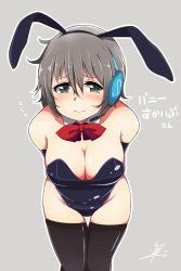 Rule 34 | 1girl, animal ears, arms behind back, black leotard, black thighhighs, blush, bow, bowtie, breasts, cleavage, detached collar, elbow gloves, embarrassed, fake animal ears, flying sweatdrops, gloves, green eyes, grey background, grey hair, hair between eyes, headset, highres, large breasts, leaning forward, leotard, looking at viewer, personification, playboy bunny, rabbit ears, red bow, red bowtie, short hair, signature, simple background, skype, solo, strapless, strapless leotard, thigh gap, thighhighs, tsukigi