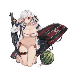 Rule 34 | 12-gauge, 12-gauge (2 3/4 inch shell), 1girl, ammunition, ballistic shield, bare shoulders, bikini, black ribbon, blush, braid, breasts, cleavage, collarbone, combat shotgun, dual-mode shotgun, flower, food, franchi, fruit, full body, girls&#039; frontline, gluteal fold, gun, gun sling, hair flower, hair ornament, hair ribbon, hand up, head tilt, holding, holding surfboard, jacket, charm (object), kneeling, large breasts, long hair, long sleeves, looking at viewer, navel, official alternate costume, official art, open clothes, open jacket, pump-action shotgun, pump action, red eyes, ribbon, sandals, semi-automatic firearm, semi-automatic shotgun, shield, shotgun, shotgun shell, shotgun shell holder, side-tie bikini bottom, silver hair, skindentation, smile, solo, spas-12, spas-12 (girls&#039; frontline), spas-12 (midsummer fruit) (girls&#039; frontline), stomach, strap, surfboard, swimsuit, terras, thigh strap, thighs, transparent background, twintails, watermelon, wavy hair, weapon