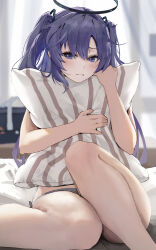Rule 34 | 1girl, blue archive, blurry, blurry background, blush, chinese commentary, clisapex, closed mouth, commentary, grey panties, hair between eyes, halo, highres, hugging object, indoors, long hair, looking at viewer, mechanical halo, panties, pillow, pillow hug, purple eyes, purple hair, solo, two side up, underwear, yuuka (blue archive)