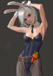 Rule 34 | 1girl, adjusting hair, animal ears, armpits, arms behind head, arms up, bare shoulders, belt, belt buckle, black background, black eyes, black necktie, black pantyhose, breasts, brown belt, brown hairband, buckle, carrot, cleavage, commentary, covered navel, cowboy shot, detached collar, fake animal ears, hair strand, hair up, hairband, hands on own head, head tilt, highleg, highleg leotard, holster, league of legends, leotard, light smile, looking at viewer, loose belt, nanda (nanda), necktie, pantyhose, playboy bunny, rabbit ears, realistic, riven (league of legends), short necktie, simple background, small breasts, solo, standing, strapless, strapless leotard, swept bangs, white hair, wrist cuffs