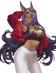Rule 34 | 1girl, animal ears, aqua eyes, arm behind head, armpits, blush, bra, breasts, circlet, cleavage, dark-skinned female, dark skin, eyeliner, fate/grand order, fate (series), forehead jewel, hand on own chest, head chain, hella p, high-waist pants, highres, jacket, jewelry, large breasts, long hair, long sleeves, looking at viewer, makeup, navel, open clothes, open jacket, open mouth, pants, parted bangs, purple bra, purple hair, queen of sheba (fate), red jacket, simple background, smile, solo, sports bra, thighs, tight clothes, tight pants, underwear, white pants, yoga pants