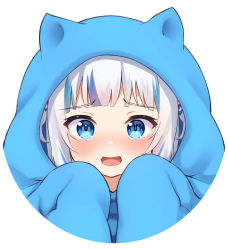Rule 34 | 1girl, :d, absurdres, animal ears, blanket, blue eyes, blue hair, blunt bangs, blush, cat ears, gawr gura, hair ornament, highres, hololive, hololive english, looking at viewer, multicolored hair, open mouth, shark hair ornament, sharp teeth, silver hair, simple background, smile, solo, streaked hair, teeth, tomotomo (awai), two side up, upper body, upper teeth only, virtual youtuber, white background