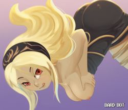 Rule 34 | :q, animated, animated gif, artist name, ass, blonde hair, breasts, dark-skinned female, dark skin, gradient background, gravity daze, hairband, kitten (gravity daze), lactation, large breasts, long hair, looking at viewer, nipples, purple background, raised eyebrows, red eyes, signature, solo, spicy bardo, thighs, tongue, tongue out, topless