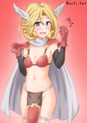 Rule 34 | 1girl, ^^^, alternate costume, anti (untea9), armor, bikini, bikini armor, blonde hair, blue eyes, cape, commentary request, cosplay, cowboy shot, dragon quest, dragon quest iii, gloves, gradient background, head wings, highres, janus (kancolle), kantai collection, loincloth, looking at viewer, open mouth, parted bangs, red background, red bikini, red gloves, short hair, soldier (dq3), soldier (dq3) (cosplay), solo, standing, swimsuit, twitter username, white cape, wings