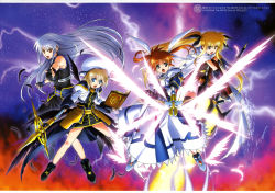 Rule 34 | 4girls, :o, absurdres, artist request, bardiche (nanoha), bardiche (zanber form) (nanoha), belt, black legwear, blonde hair, blue eyes, book, boots, brown hair, cape, celtic cross, cross, dress, energy sword, energy wings, fate testarossa, fate testarossa (blaze form), feathers, fingerless gloves, fire, gloves, hair ornament, hair ribbon, hat, highres, huge weapon, jacket, long hair, lyrical nanoha, mahou shoujo lyrical nanoha, mahou shoujo lyrical nanoha a&#039;s, mahou shoujo lyrical nanoha the movie 2nd a&#039;s, multiple girls, official art, open clothes, open jacket, orange hair, purple eyes, raising heart, raising heart (exelion mode) (2nd), red eyes, red hair, reinforce, ribbon, schwertkreuz, shoes, short hair, short twintails, silver hair, skirt, staff, star (symbol), starry background, sword, takamachi nanoha, takamachi nanoha (exelion mode), thighhighs, tome of the night sky, twintails, unison (nanoha), waist cape, weapon, winged footwear, wings, x hair ornament, yagami hayate