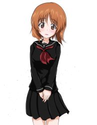 Rule 34 | 1girl, alternate costume, black sailor collar, black serafuku, black shirt, black skirt, blouse, blush, boko dream, brown eyes, brown hair, commentary, cowboy shot, girls und panzer, head tilt, highres, long hair, looking at viewer, miniskirt, neckerchief, nishizumi miho, own hands together, parted lips, pleated skirt, red neckerchief, sailor collar, school uniform, serafuku, shirt, short hair, simple background, skirt, smile, solo, standing, v arms, white background