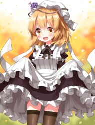 Rule 34 | 1girl, :d, aki minoriko, apron, black dress, black ribbon, blonde hair, blush, brown thighhighs, choker, cleaning maid (touhou), cleaning maid (touhou) (cosplay), clothes lift, commentary request, cosplay, cowboy shot, dress, frilled apron, frilled skirt, frills, grape hat ornament, hat, highres, juliet sleeves, long sleeves, maid apron, mob cap, open mouth, orange hair, petticoat, puffy sleeves, ribbon, ribbon choker, ruu (tksymkw), short hair, skirt, skirt hold, skirt lift, smile, solo, thighhighs, touhou, white apron, white hat, white ribbon, yellow eyes