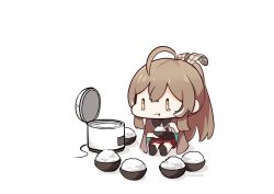 Rule 34 | 1girl, ahoge, bowl, brown eyes, brown hair, chibi, commentary, english commentary, feather hair ornament, feathers, hair ornament, highres, hololive, hololive english, long hair, multicolored hair, namiorii, nanashi mumei, ponytail, rice, rice bowl, rice cooker, sad, tears, virtual youtuber