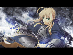 Rule 34 | 1girl, ahoge, armor, artoria pendragon (fate), blonde hair, fate/stay night, fate (series), gauntlets, green eyes, highres, letterboxed, long sleeves, looking at viewer, saber (fate), satomi (black scarecrow), solo, sword, weapon