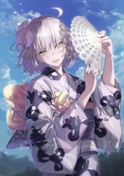 Rule 34 | 1girl, ahoge, alternate costume, cloud, fate/grand order, fate (series), floral print, flower, folding fan, hair between eyes, hair flower, hair ornament, hand fan, highres, holding, holding fan, japanese clothes, jeanne d&#039;arc (fate), jeanne d&#039;arc alter (avenger) (fate), jeanne d&#039;arc alter (fate), kimono, long sleeves, looking at viewer, nail polish, obi, open mouth, outdoors, paper fan, parted lips, print kimono, sash, short hair, silver hair, sky, smile, solo, tsurukame, white kimono, wide sleeves, yellow eyes, yellow nails