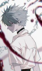 Rule 34 | 1boy, black choker, blood, blurry, blurry background, blurry foreground, chain, choker, closed mouth, from behind, hair between eyes, highres, looking at viewer, looking back, male focus, nagisa kaworu, naijarski, neon genesis evangelion, profile, red eyes, shirt, simple background, solo, upper body, white shirt