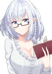 Rule 34 | 1girl, absurdres, beta (kage no jitsuryokusha ni naritakute!), black-framed eyewear, blue eyes, book, braid, breasts, cleavage, closed mouth, commentary, dress, elf, english commentary, frilled dress, frilled sleeves, frills, glasses, grey hair, hair between eyes, highres, holding, holding book, kage no jitsuryokusha ni naritakute!, large breasts, long sleeves, looking at viewer, open book, pointy ears, raise094, short hair, side braid, signature, simple background, smile, solo, teeth, upper teeth only, white background, white dress