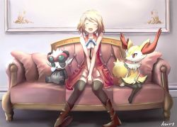 Rule 34 | 1girl, animal ear fluff, artist name, bare arms, black thighhighs, blonde hair, blue ribbon, blush, boots, braixen, brown footwear, closed eyes, commentary request, couch, creatures (company), game freak, gen 6 pokemon, hurt (anidraw), indoors, nintendo, open mouth, pancham, pokemon, pokemon (anime), pokemon (creature), pokemon xy (anime), ribbon, serena (pokemon), short hair, sitting, teeth, thighhighs, tongue, watermark