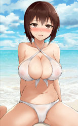 Rule 34 | 10s, 1girl, bare shoulders, bikini, blush, breasts, brown eyes, brown hair, cameltoe, chacharan, cleavage, cloud, collarbone, criss-cross halter, day, front-tie top, girls und panzer, halterneck, highres, horizon, large breasts, looking at viewer, navel, nipples, nishizumi maho, ocean, see-through, short hair, sitting, skindentation, sky, smile, solo, spread legs, sweat, swimsuit, wariza, white bikini