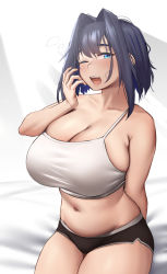 Rule 34 | 1girl, bed, belly, black hair, blue eyes, breasts, cleavage, crop top, hair intakes, highres, hololive, hololive english, huge breasts, looking at viewer, messy hair, midriff, muffin top, navel, one eye closed, open mouth, ouro kronii, plump, roresu, short shorts, shorts, sitting, solo, tank top, thighs, virtual youtuber, white background, yawning