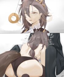 Rule 34 | 1girl, 1other, 2koma, animal ears, arknights, ass, black jacket, black panties, black pants, comic, commentary request, doctor (arknights), eroborne, from behind, grey hair, highres, hypnosis, implied fellatio, jacket, long hair, medium hair, mind control, open mouth, panties, pants, penance (arknights), seiza, sitting, tail, topless, underwear, wolf ears, wolf tail, yellow eyes