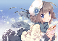 Rule 34 | 1girl, :d, beret, blue eyes, blush, brown hair, crepe, eating, ech, flower, food, food on face, french text, hat, looking at viewer, open mouth, original, ribbon, scarf, short hair, skirt, smile, solo, sweater, text focus