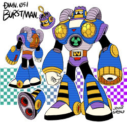 Rule 34 | 1boy, android, aqua background, ariga hitoshi, arm cannon, armor, artist name, belt, black bodysuit, blue armor, blue footwear, bodysuit, boots, bubble wand, burst man, character name, character sheet, checkered background, chest armor, clenched hand, colored shoe soles, commentary request, concept art, electric fan, from behind, full body, gradient background, green eyes, highres, industrial pipe, knee boots, looking ahead, looking at viewer, male focus, mega man (classic), mega man (series), mega man 7, mega man megamix, multiple views, no humans, no mouth, orange belt, portrait, purple background, robot, robot ears, scanlines, shoe soles, shoulder armor, signature, simple background, standing, tank (container), three quarter view, turnaround, weapon, white background