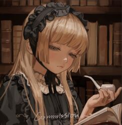 Rule 34 | 1girl, blonde hair, bonnet, book, bookshelf, chin strap, commentary request, commission, english text, gosick, gothic lolita, green eyes, hairband, half-closed eyes, hime cut, holding, holding book, holding smoking pipe, indoors, library, lolita fashion, lolita hairband, long hair, looking down, painterly, pop-up book, portrait, reading, smoking pipe, solipsist, solo, victorica de blois