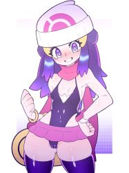 Rule 34 | 1girl, bag, beanie, blue eyes, blue hair, blush, bracelet, breasts, bright pupils, cameltoe, cleavage cutout, cleft of venus, clothing cutout, covered navel, creatures (company), curvy, dawn (pokemon), duffel bag, female focus, game freak, grin, hair ornament, hairclip, hand on own hip, hat, highleg, highleg leotard, highres, jewelry, kaikoinu, leotard, looking at viewer, miniskirt, naughty face, nintendo, partially visible vulva, pokemon, pokemon dppt, poketch, purple eyes, revealing clothes, scarf, shiny skin, simple background, skirt, small breasts, smile, solo, standing, thighhighs, thong leotard, watch, white pupils, wide hips, wristwatch