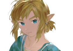 Rule 34 | 1boy, blonde hair, blue eyes, close-up, closed mouth, earrings, jewelry, link, looking at viewer, male focus, nintendo, pointy ears, sidelocks, simple background, solo, the legend of zelda, thick eyebrows, torinodesu4, white background