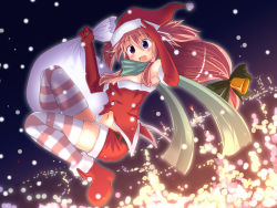 Rule 34 | 1girl, bag, bell, blue eyes, boots, elbow gloves, female focus, full body, gloves, green scarf, hat, jumping, kuronyan, original, outdoors, pink hair, sack, santa costume, santa hat, scarf, shorts, sky, smile, snow, solo, striped clothes, striped thighhighs, thighhighs