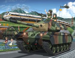 Rule 34 | 3girls, 4boys, absurdres, aircraft, apron, arm behind back, armored vehicle, black gloves, blue pants, blue shirt, blue sky, bridge, brown eyes, brown hair, browning m2, camouflage, camouflage jacket, caterpillar tracks, chinese text, closed eyes, closed mouth, cloud, cm-32, commentary request, day, fang, flag, glasses, gloves, goggles, goggles on headwear, grass, green eyes, green headwear, green jacket, green pants, grey hair, gun, hat, headlight, headphones, heavy machine gun, helicopter, helmet, highres, jacket, looking to the side, m41 walker bulldog, machine gun, mikeran (mikelan), military vehicle, motor vehicle, mountain, multiple boys, multiple girls, oh-58 kiowa, open mouth, original, outdoors, pants, power lines, profile, radio antenna, red-framed eyewear, red shirt, republic of china army, rice paddy, road, road sign, round eyewear, roundel, shadow, shinkansen, shirt, short hair, short sleeves, sign, sky, sleeves rolled up, smile, soldier, straw hat, taiwan, tank, tank helmet, train, transmission tower, tree, v, vehicle focus, weapon, white gloves