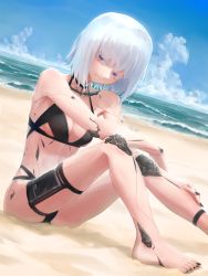 Rule 34 | 1girl, android, beach, bikini, cloud, cloudy sky, commentary request, highres, looking at viewer, nail polish, ocean, original, pouch, purple eyes, signature, sitting, sky, smile, solo, swimsuit, tafuu (tortafu), thigh pouch, waves, white hair