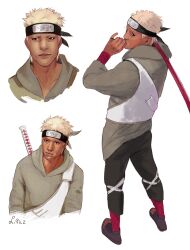 Rule 34 | 1boy, black eyes, closed mouth, dark-skinned male, dark skin, forehead protector, full body, highres, kumogakure symbol, looking back, lpilz, naruto, naruto (series), naruto shippuuden, omoi (naruto), short hair, signature, simple background, smile, solo, spiked hair, sword, weapon, weapon on back, white hair
