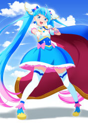 Rule 34 | 1girl, absurdres, ankle boots, blue cape, blue dress, blue eyes, blue footwear, blue hair, blue sky, boots, bow, brooch, cape, cloud, cloudy sky, commentary, cure sky, cut bangs, day, detached sleeves, dress, dress bow, earrings, fingerless gloves, frilled dress, frills, fringe trim, full body, gloves, gradient hair, highres, hirogaru sky! precure, holding, jewelry, long hair, looking at viewer, magical girl, multicolored hair, on kazu, open mouth, outdoors, pink bow, pink hair, pointing, pointing at viewer, precure, puffy detached sleeves, puffy sleeves, red cape, shadow, short dress, single earring, single sidelock, sky, sky mirage, sleeveless, sleeveless dress, smile, solo, sora harewataru, standing, streaked hair, thighhighs, twintails, two-sided cape, two-sided fabric, two-tone dress, two-tone hair, very long hair, white dress, white gloves, white thighhighs, wind, wing brooch, wing hair ornament