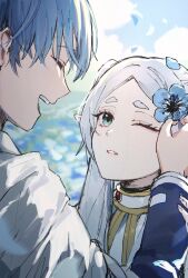 Rule 34 | 1boy, 1girl, banyan, blue flower, blue hair, blurry, blurry background, capelet, closed eyes, commentary request, elf, eyelashes, flower, frieren, gold trim, green eyes, hair flower, hair ornament, hand on another&#039;s head, highres, himmel (sousou no frieren), long hair, one eye closed, open mouth, parted lips, pointy ears, short hair, smile, sousou no frieren, teeth, thick eyebrows, twintails, upper teeth only, white capelet, white hair