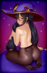 Rule 34 | 1girl, :t, absurdres, ass, back, black hair, black pantyhose, commentary, dimples of venus, earrings, feet, from behind, full body, genshin impact, green eyes, hair between eyes, hat, highres, jewelry, kairunoburogu, long hair, looking at viewer, looking back, mona (genshin impact), no shoes, pantyhose, pout, sitting, solo, toes, topless, twintails, very long hair, witch hat